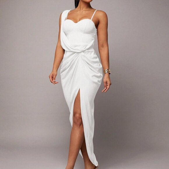 white Party Women's Romantic Date Night Asymmetric Drapey Maxi dress - Picture 3 of 7